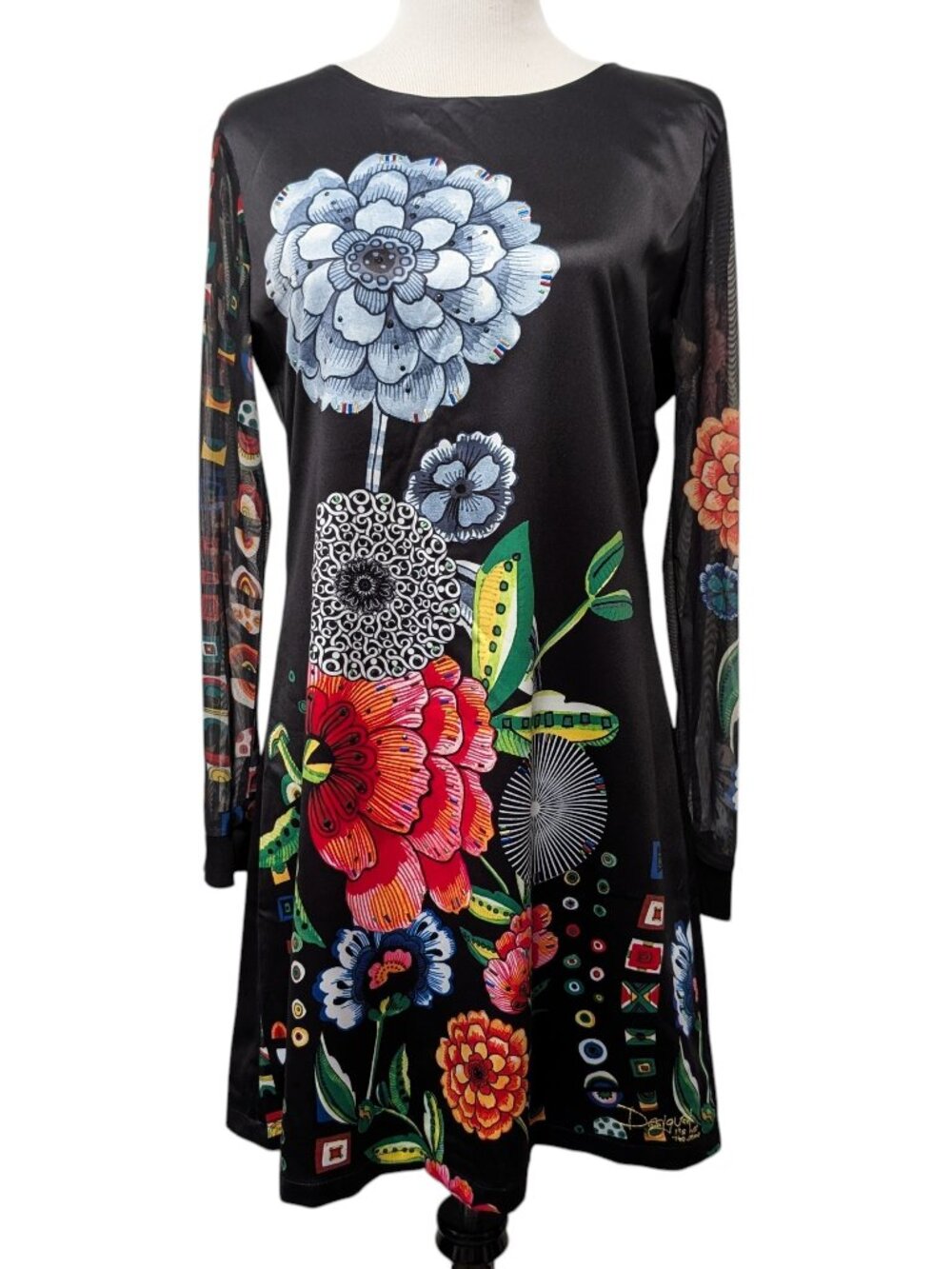 Desigual Womens NWT Size 42/US 8 Black Regina Floral Mesh Sleeves Sheath Dress